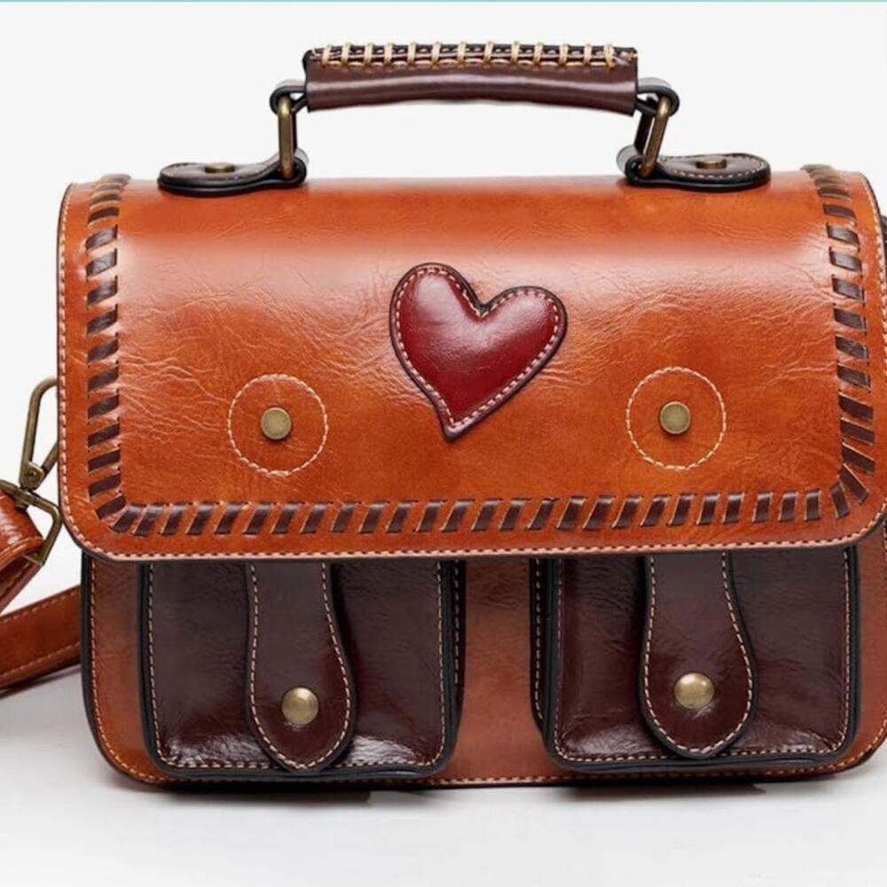 NEW Cambridge Cognac Brown Whipstitch Colorblock Heart Shoulder Bag Satchel Cl…